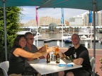 Micha, Dad, and July enjoying a coldie at Darling Harbour, Sydney