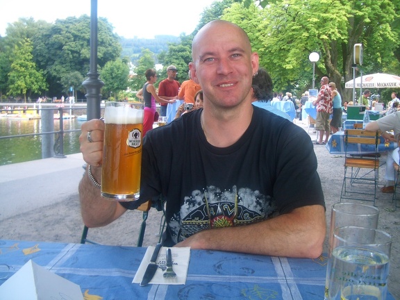Micha enjoying a lunchtime pint in Bregenz, Austria.