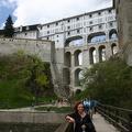 Mum in front of the imposing ?eský Krumlov castles' covered walkway