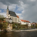 The ?eský Krumlov cathedral towers proudly over the Vltava