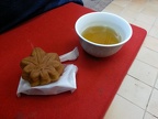 Miyajima specialty: sweet bean-bun shaped like maple leaf with tea.
