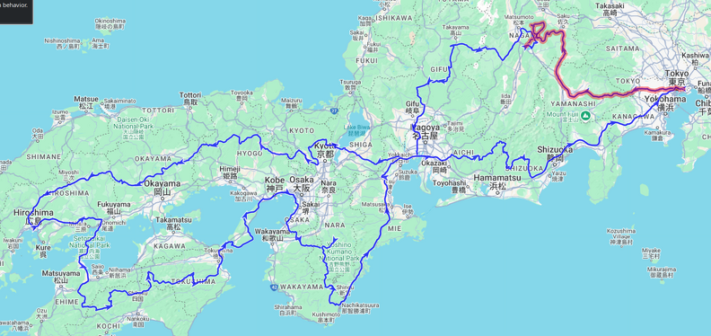 Hiroshima Tour - Route Map Day 1

Length: 377km, ↗7805m, ↘6950m
Time: 11:54:18h, Speed: 31.7km/h
Moving: 07:02:43h, Speed: 54km/h

Start: Friday, 2 May 2025 05:48:36 JST
End: Friday, 2 May 2025 17:42:54 JST
Points: 5836 (5836)