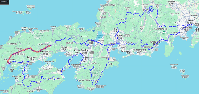 Hiroshima Tour Route Map - Day 5

Length: 305km, ↗6840m, ↘6910m
Time: 09:04:42h, Speed: 33.7km/h
Moving: 05:43:49h, Speed: 53km/h

Start: Tuesday, 6 May 2025 06:51:51 JST
End: Tuesday, 6 May 2025 15:56:33 JST
Points: 4897 (4897)